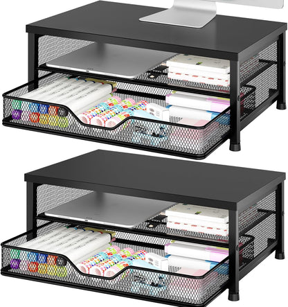 Desk Organizers and Accessories, Computer Monitor Stand Riser with Drawer and 2 Pen Holders, Printer & Laptop Stand, Office Desk Accessories & Workspace Organizers for Home Office Supplies, Black