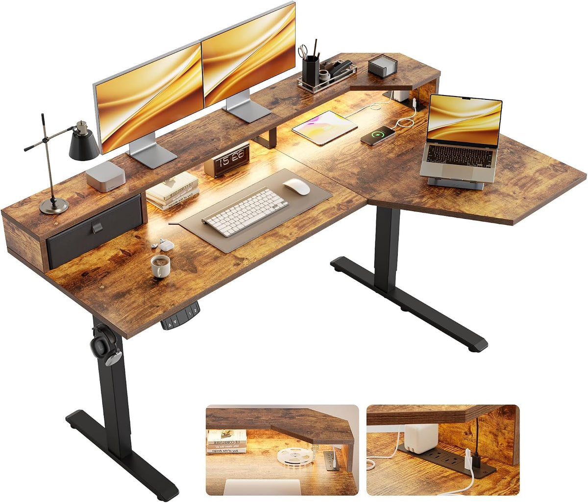 48 * 24 Inch Electric Standing Desk with Shelf & Led, Dark Walnut