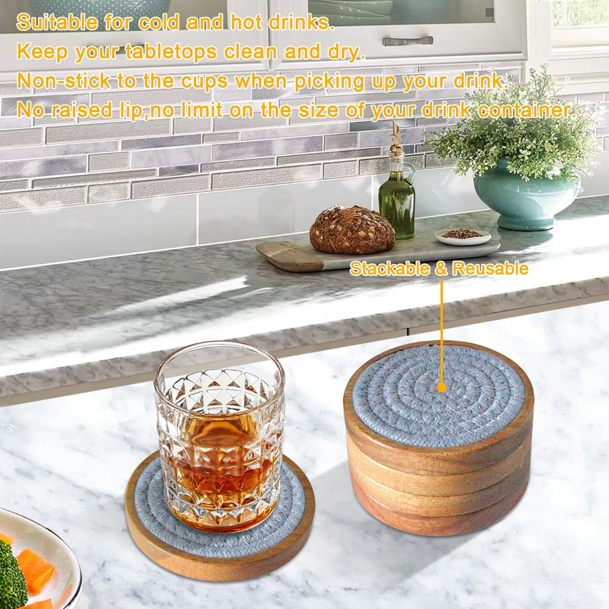 Wood Coasters for Drinks, Eykao Absorbent Coaster Sets of 5, Woven Drink Coasters for Coffee Table, Housewarming Gift for Farmhouse Home Decor,4 inches