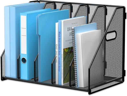 MINDEPOT Desk File Organizer Metal Desk Magazine Folder Holder with 5 Vertical Compartments Rack File Organizer for Office, Home, School, Black