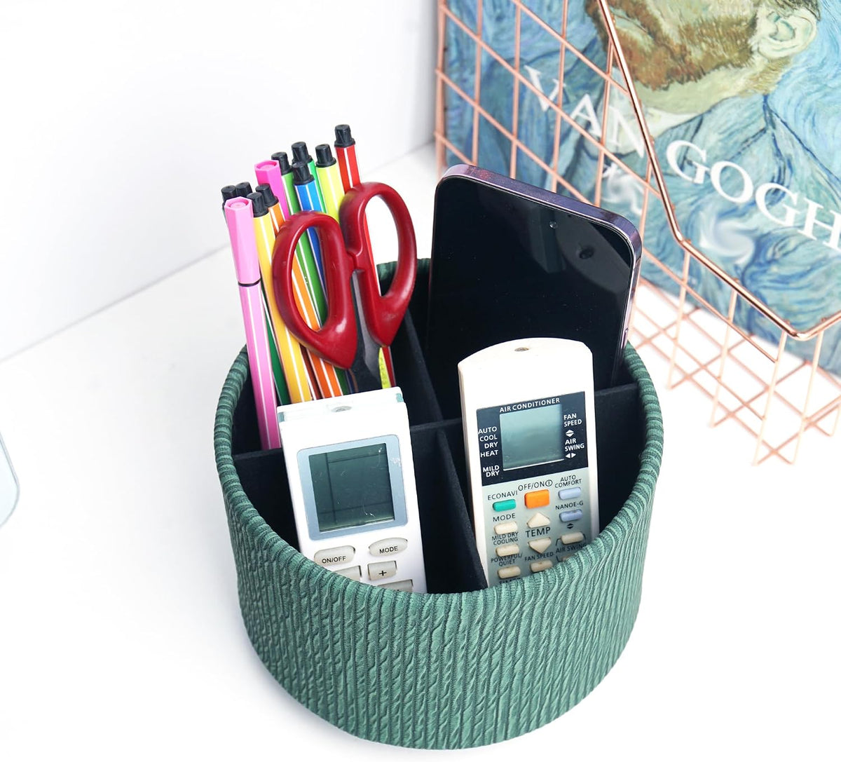 Round Leather Art Supply Organizer,Remote Control Holder,360 Degree Rotating,Multi-Functional Pencil Holder,4 Compartments Desktop Stationary Organizer(1-Blue Bird) - Colors B