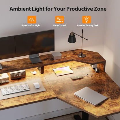 48 * 24 Inch Electric Standing Desk with Shelf & Led, Dark Walnut