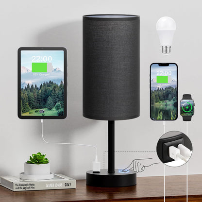 Fenmzee Bedside Table Lamp for Bedroom - Dimmable Touch, USB A+C, AC Outlet
