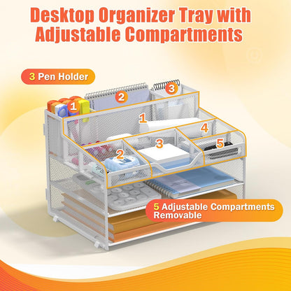 Docnest 5 Tier Mesh Desk Organizer for Paper Office Supplies – Multi-Functional Letter Tray with 5 Adjustable Compartments, 3 Pen Holders, Desktop Storage for Files, Mail, Stationery – Black