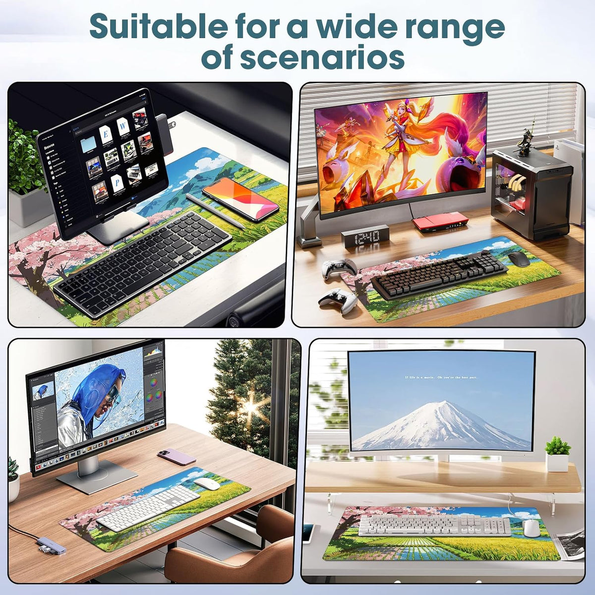 31.5" x 15.7" Waterproof Fabric Desk Pad, Rubber Anti-Slip Base, Stitched Edges No Curling, Fits Laptop Keyboard and Mouse, Smooth Office Mat Large Mouse Pad for Work Game, Black