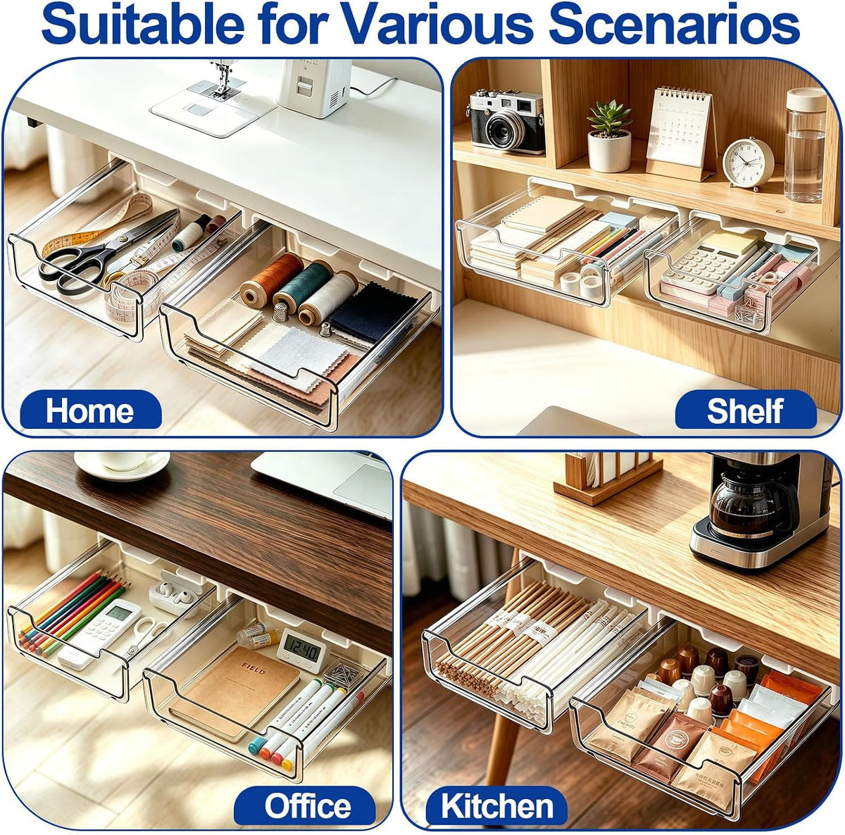 Under Desk Storage Drawer Organizer,2 Pack Self-Adhesive Slide Out Desk Drawers Under Table for Shelf,Office Supplies,Home,Clear White,LM