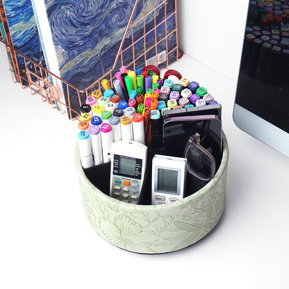 Round Leather Art Supply Organizer,Remote Control Holder,360 Degree Rotating,Multi-Functional Pencil Holder,4 Compartments Desktop Stationary Organizer(1-Blue Bird) - Colors B