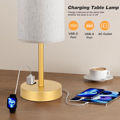 Fenmzee Bedside Table Lamp for Bedroom - Dimmable Touch, USB A+C, AC Outlet