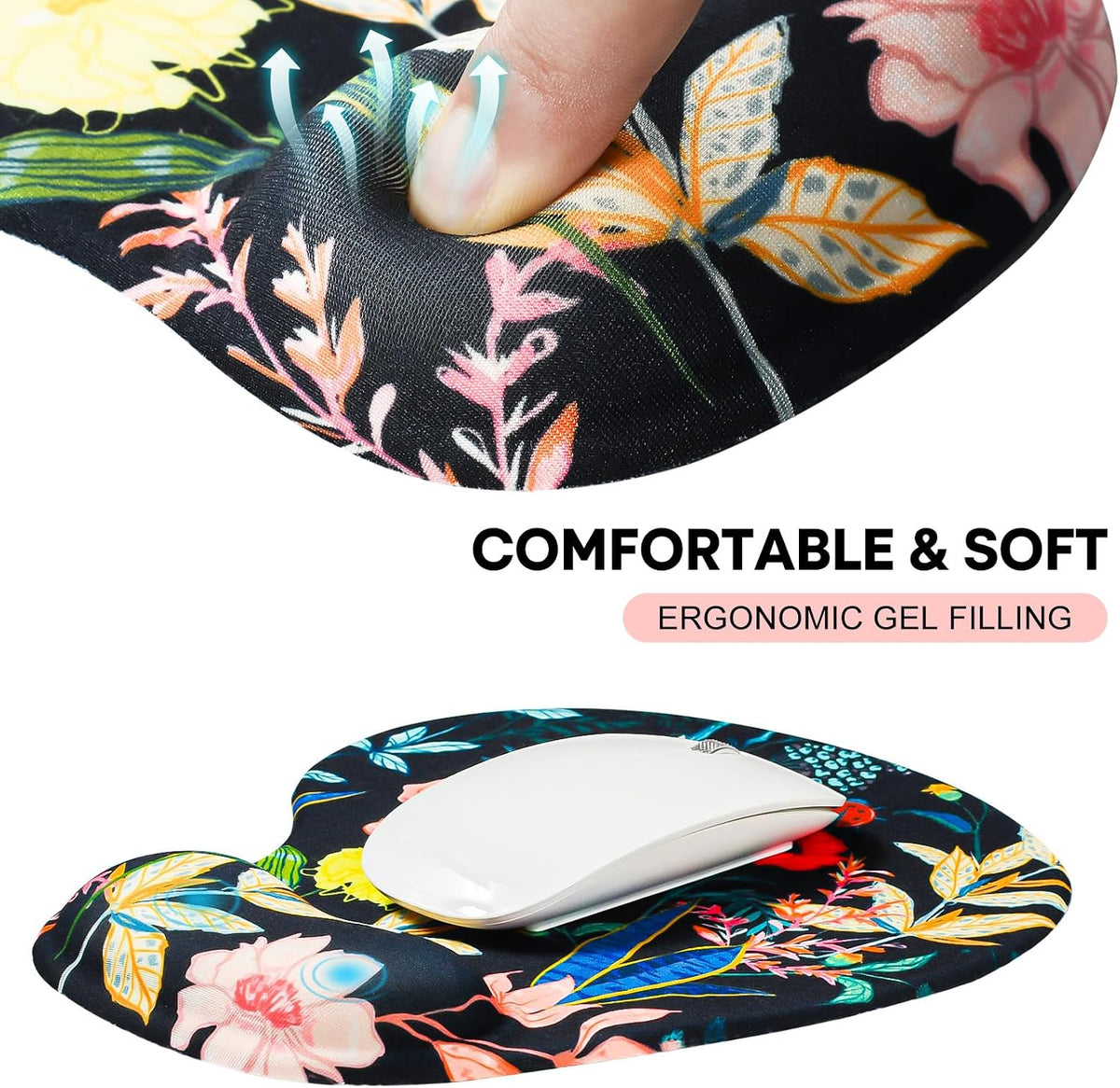 JIKIOU Mouse Pad, 2 Pack Ergonomic Mouse Pads with Comfortable Gel Wrist Rest Support and Smooth Cloth, Non-Slip PU Base for Easy Typing Pain Relief Durable and Easy to Clean Small Black