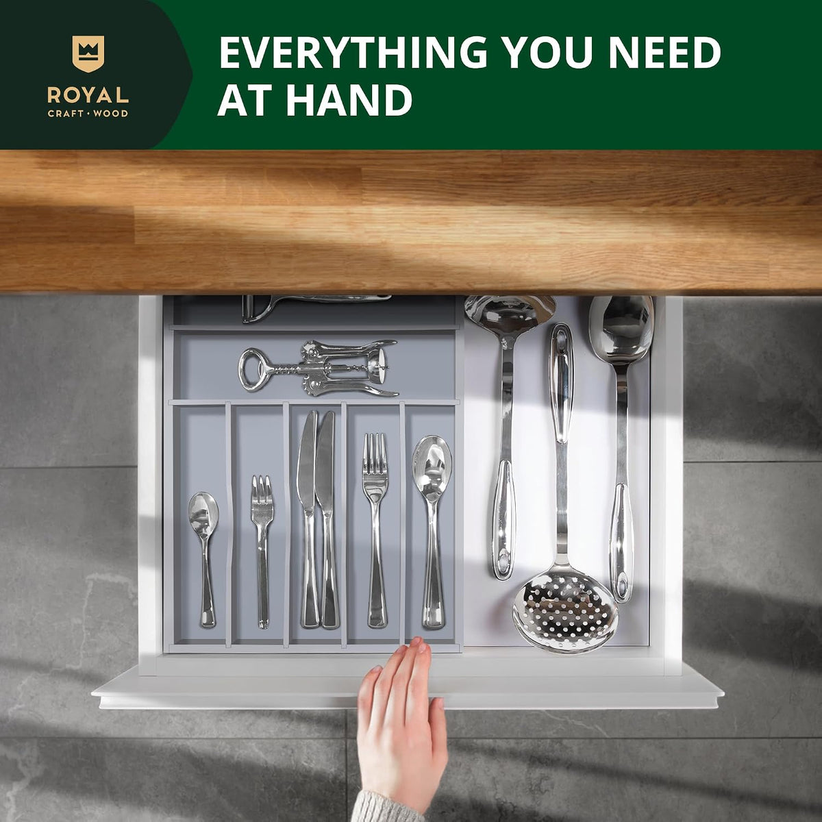 ROYAL CRAFT WOOD Luxury Bamboo Kitchen Drawer Organizer - Silverware Organizer, Utensil Holder & Cutlery Tray Drawer Dividers for Flatware (9 Slot, Natural)