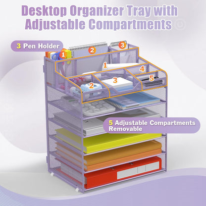 Docnest 5 Tier Mesh Desk Organizer for Paper Office Supplies – Multi-Functional Letter Tray with 5 Adjustable Compartments, 3 Pen Holders, Desktop Storage for Files, Mail, Stationery – Black