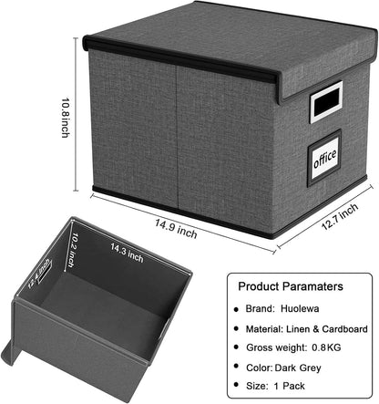 Upgraded Portable File Organizer Box with Lid, Collapsible Linen Hanging Filing Storage Boxes with Plastic Slides, Decorative Home/Office Filing System Box for File and Folders Storage (Gray)