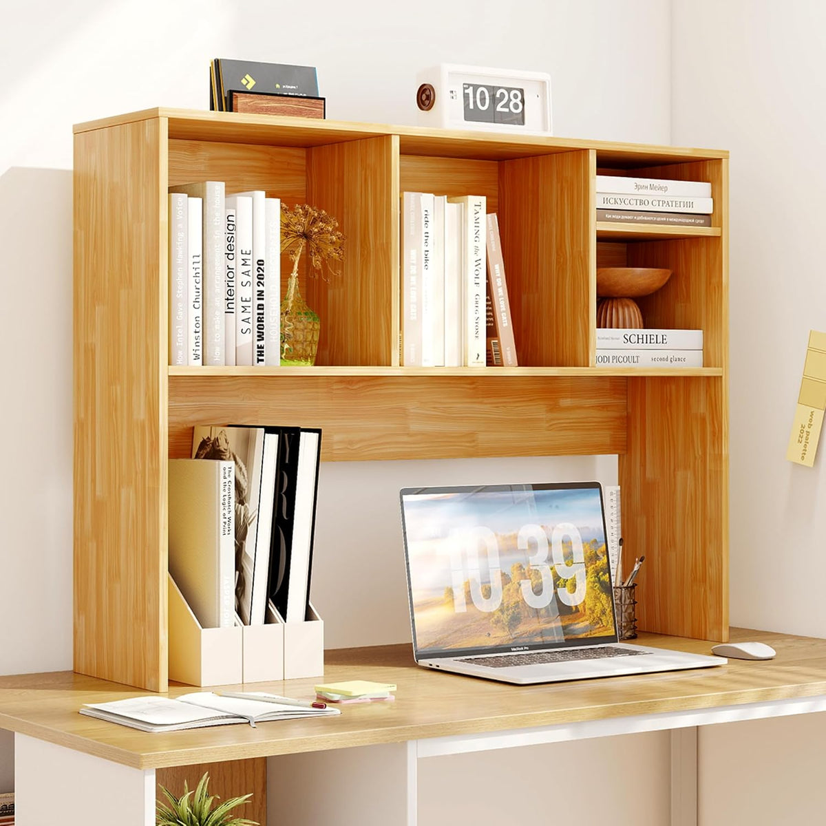 Desktop Bookshelf, Countertop Storage Hutch with 5 Shelves for Computer Desk, Desk 3-Tier Display Rack, Multipurpose Wood Desktop Hutch Storage Organizer for Dorm Office Home