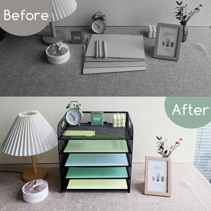 Paper Letter Tray with Handle, 3 Tier Metal Mesh Desk File Organizer, A4 Paper Desktop Filing Trays, Desk Tidy Magazine Document Holder for Home Office, Black