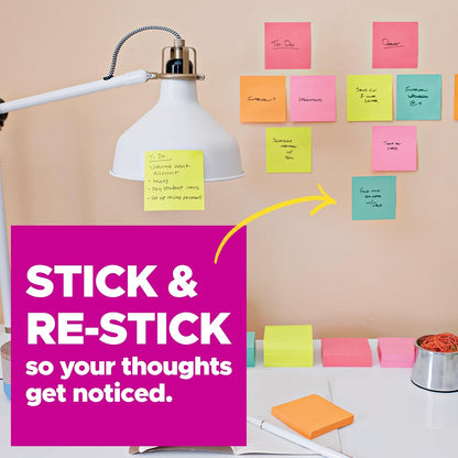 Post-it Super Sticky Notes, 15 Sticky Notes Pads, 3 x 3 in., School Supplies and Oﬃce Supplies, 2X the Sticking Power, Assorted Brights