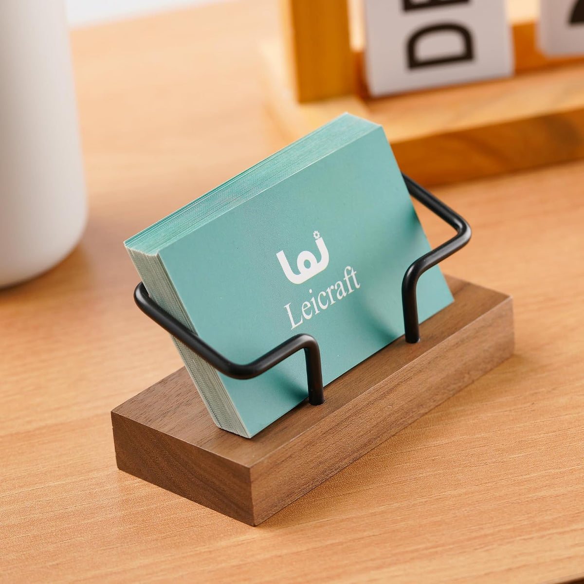Business Card Holder for Desk, Modern Card Organizers and Office Desk Accessories for Men and Women (Walnut Golden)