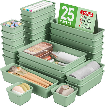 KEMETHY 25 PCS Plastic Drawer Organizers Set, 4 Sizes Vanity Organizer, Makeup and Desk Drawer Organizer Trays, Organization and Storage for Makeup, Bathroom, Kitchen Utensils and Office (Black)