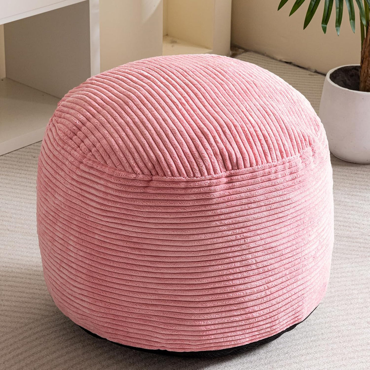 Round Stuffed Pouf Ottoman, Corduroy Poufs with Foam Chunk Filling, Furry and Fluffy Pouf Foot Stool Storage Ottoman, 20 X 15 Floor Poufs Foot Rest for Living Room, Dark Grey