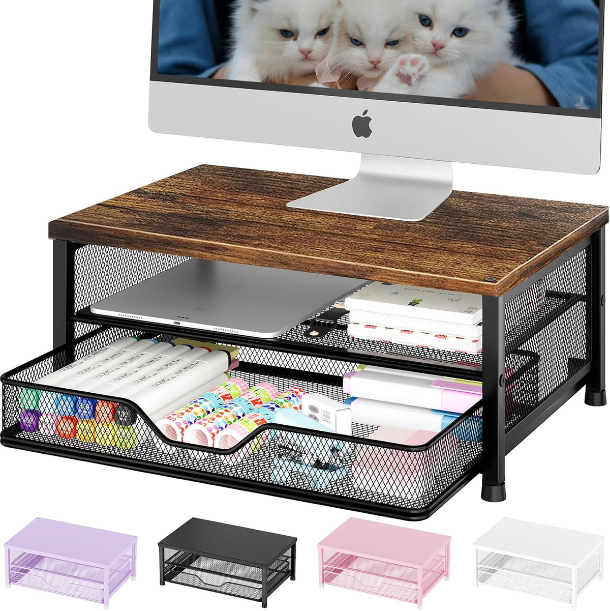 Desk Organizers and Accessories, Computer Monitor Stand Riser with Drawer and 2 Pen Holders, Printer & Laptop Stand, Office Desk Accessories & Workspace Organizers for Home Office Supplies, Black