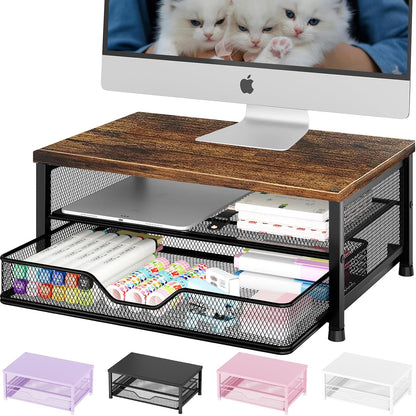 Desk Organizers and Accessories, Computer Monitor Stand Riser with Drawer and 2 Pen Holders, Printer & Laptop Stand, Office Desk Accessories & Workspace Organizers for Home Office Supplies, Black