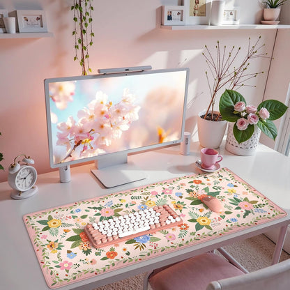 Desk Mat,Mouse Pad for Office Desk,35.4x15.7in,Pink Flowers