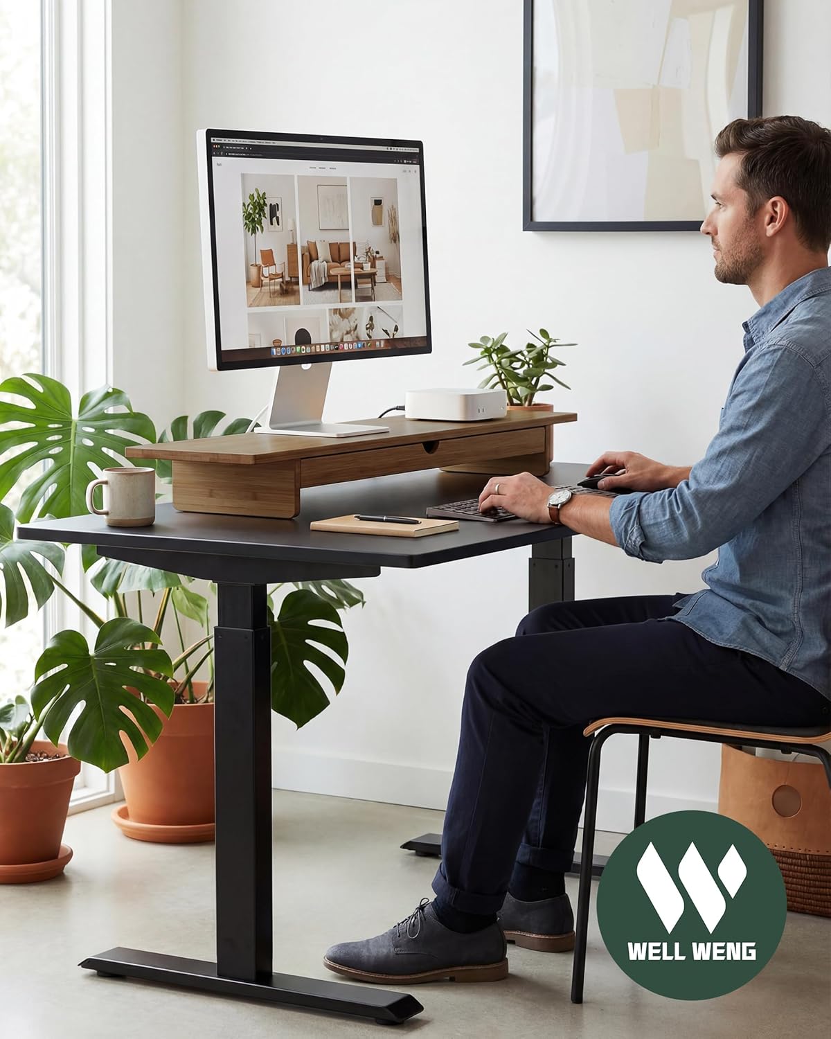 Bamboo Monitor Stand with Large Storage Drawer,23 Inch Ergonomic Computer Riser for Desk, Holds Up to 220lbs, Screen Shelf with 5 Compartments for Keyboard & Stationery Organization