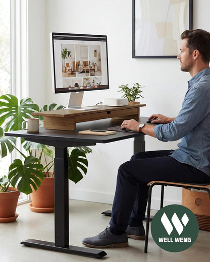 Bamboo Monitor Stand with Large Storage Drawer,23 Inch Ergonomic Computer Riser for Desk, Holds Up to 220lbs, Screen Shelf with 5 Compartments for Keyboard & Stationery Organization