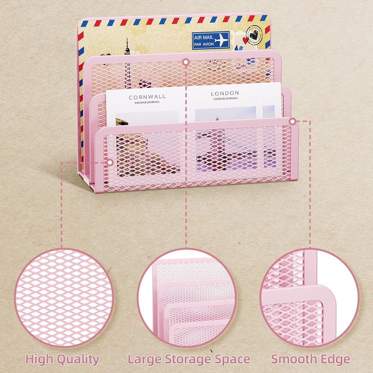 Marbrasse Mail Organizer for Desk, 3-Slot Mesh Metal Mail Holder countertop, Letter Holder, Office Desktop Envelope and Document Storage Rack (2P)