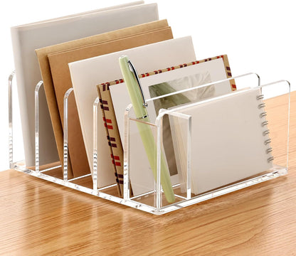 SANRUI Acrylic Mail Sorter Desktop Organizer Holder with Drawer, 5 Compartments Clear Small File Script Letter Document Storage for Desk Bill Filling Envelope Holder Office, Home, School Organization