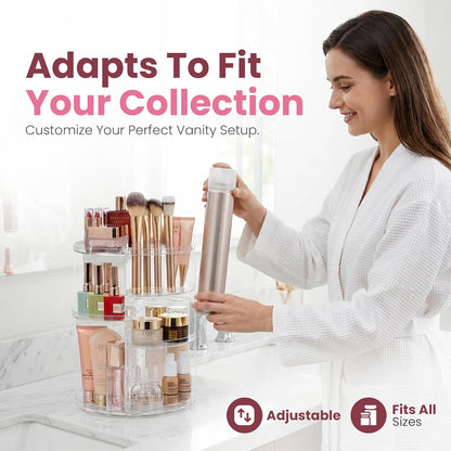 Masirs 360 Rotating Makeup Organizer Countertop - Adjustable Shelf Height - The Perfect Round Spinning Cosmetic Organizer for Bedroom Dresser or Vanity Countertop Storage (Clear)