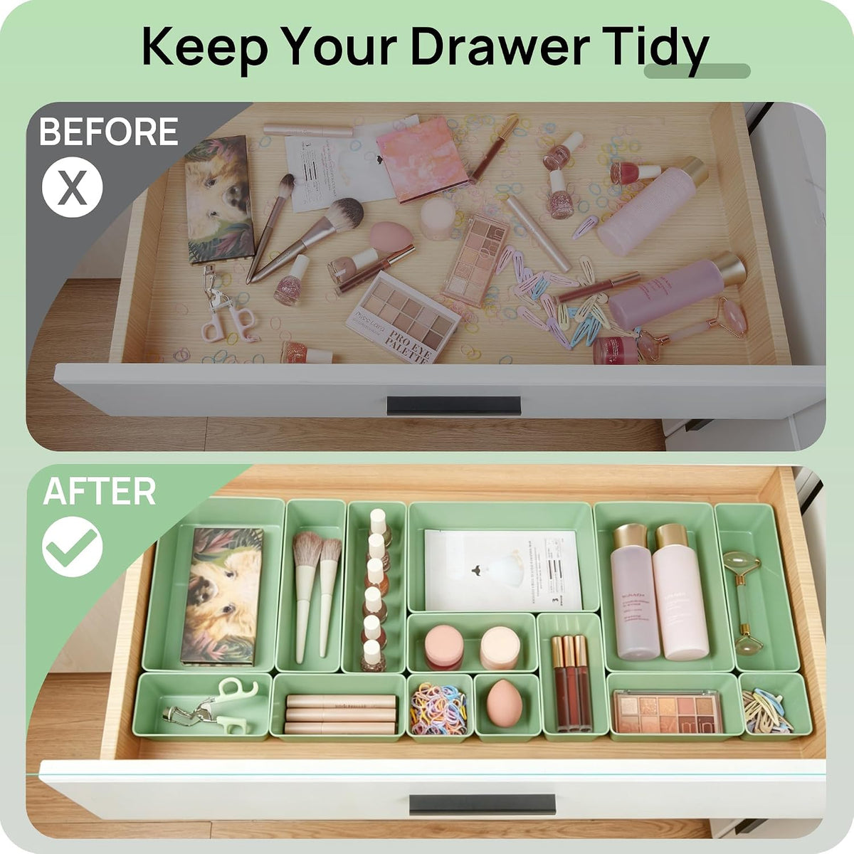 Vtopmart 25 PCS Clear Plastic Drawer Organizers Set, 4-Size Versatile Bathroom and Vanity Drawer Organizer Trays, Storage Bins for Makeup, Bedroom, Kitchen Gadgets Utensils and Office