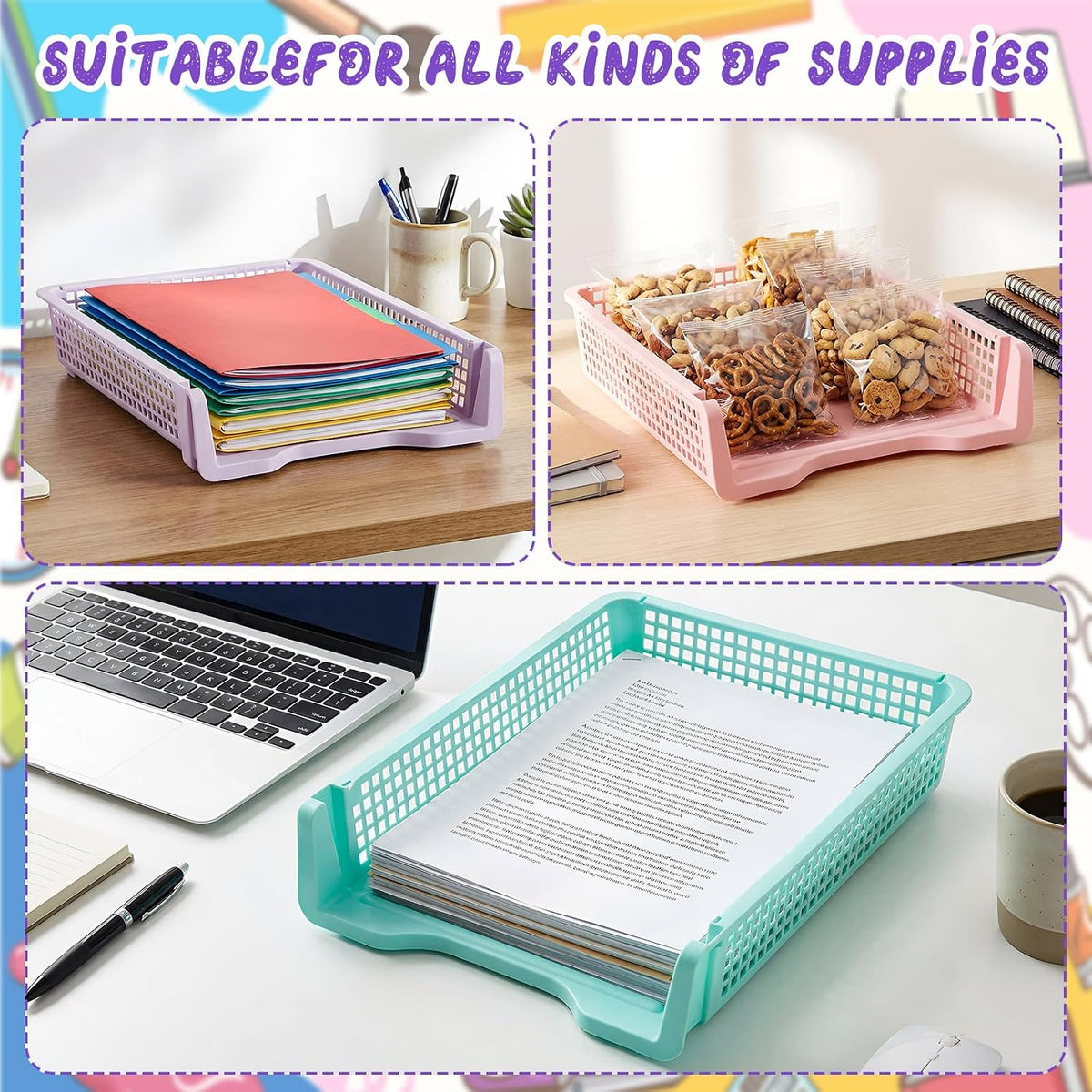 Tenceur 6 Pcs Turn in Trays Classroom, Pastel Paper Tray for Classroom Organization and Storage Stackable Plastic Book Baskets Teacher Organizers for Library Drawers Office Desk