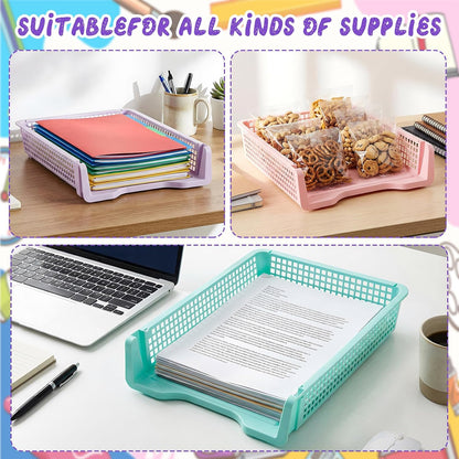 Tenceur 6 Pcs Turn in Trays Classroom, Pastel Paper Tray for Classroom Organization and Storage Stackable Plastic Book Baskets Teacher Organizers for Library Drawers Office Desk