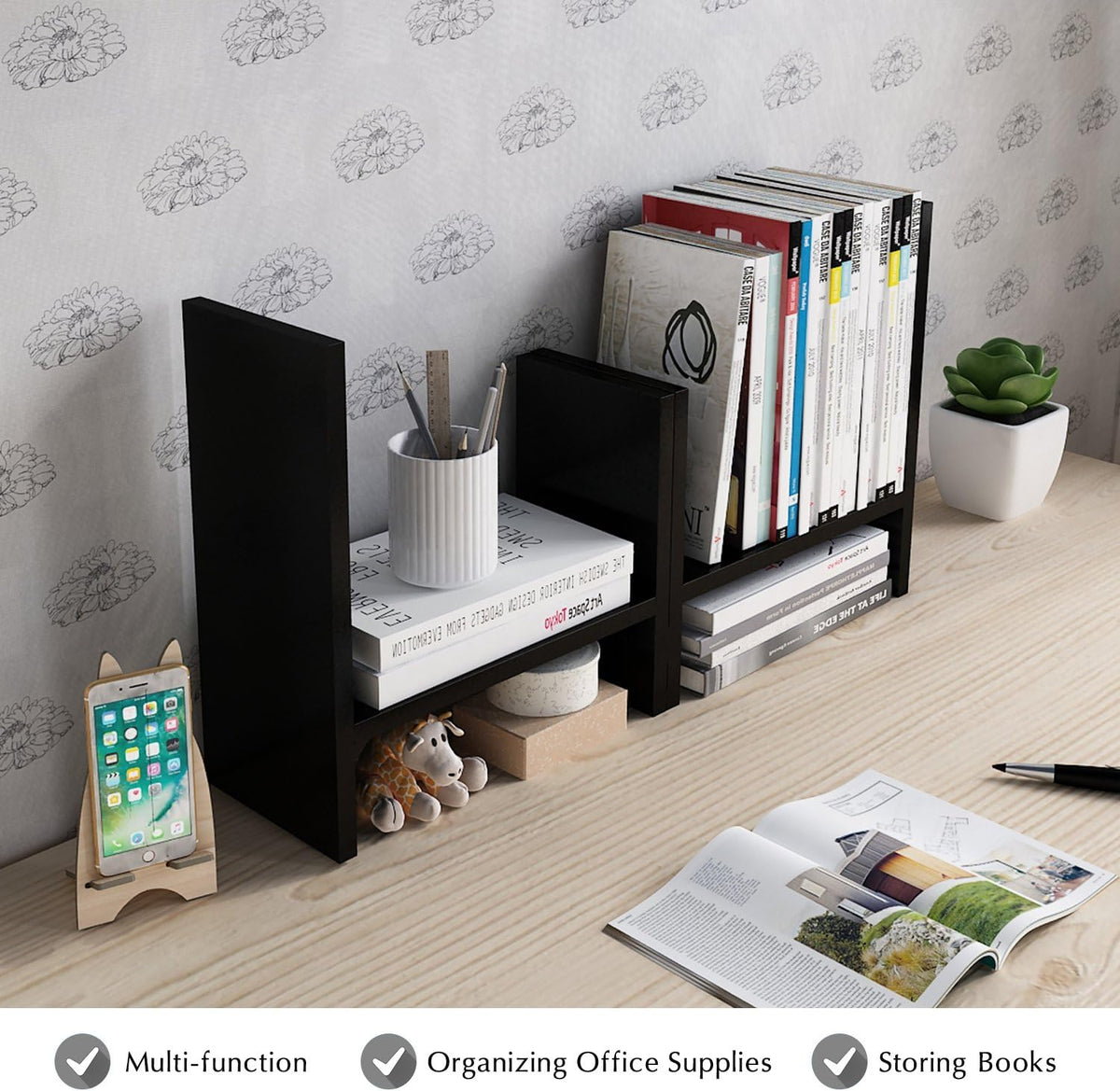Jerry & Maggie Desktop Organizer Office Storage Rack Adjustable Wood Display Shelf Free Style Double H, Multi-Functional Mini Bookshelf for Desk Natural Stand (White)