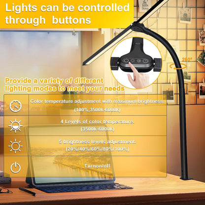 LED Desk Lamp with Clamp & Flexible Arm - 3 Light Sources, 4 Color Modes & 5 Brightness Levels, Eye-Caring Table Light with Memory Function