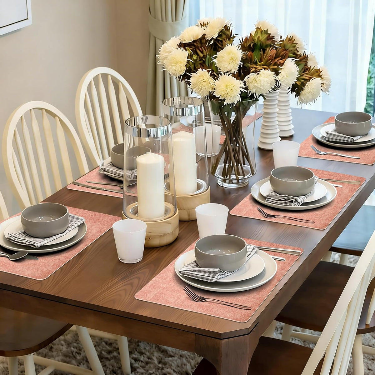 Maxpearl Faux Leather Placemats Set of 6 - Waterproof - Wipe Clean - Heat Resistant - Anti Slip Dining Table Place Mats, Suitable for Indoor & Outdoor Use, 17’’×12’’, Beige