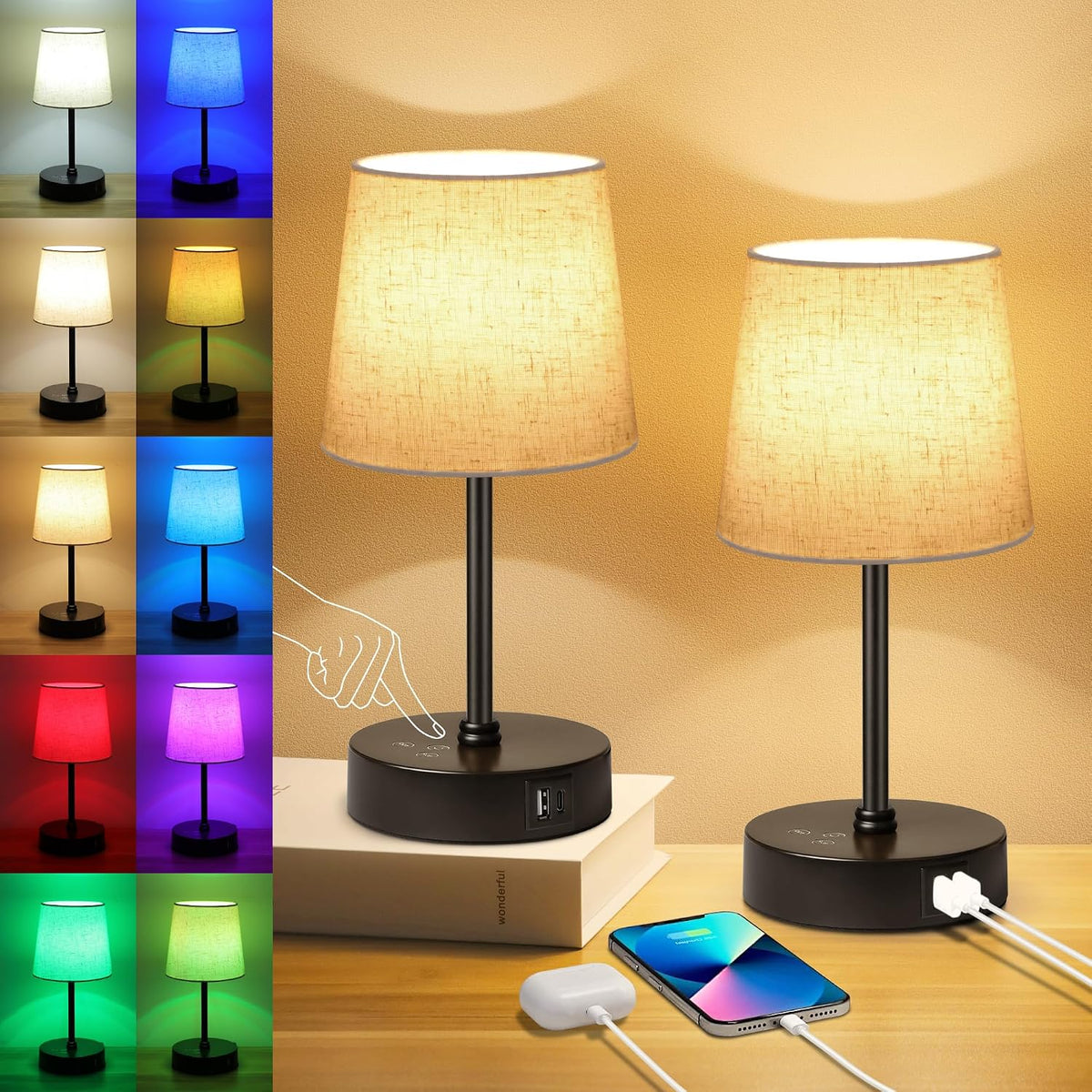 Ascher Small Bedside Table lamp, RGB Color Changing Lamps, 3 Color Temperatures, Dimmable Nightstand Lamp with USB C+A Ports, Touch Desk Lamp for Bedroom Living Room, H11.4in(Flaxen Shade)