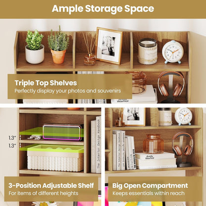 Desktop Bookshelf, Countertop Storage Hutch with 5 Shelves for Computer Desk, Desk 3-Tier Display Rack, Multipurpose Wood Desktop Hutch Storage Organizer for Dorm Office Home