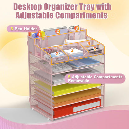 Docnest 5 Tier Mesh Desk Organizer for Paper Office Supplies – Multi-Functional Letter Tray with 5 Adjustable Compartments, 3 Pen Holders, Desktop Storage for Files, Mail, Stationery – Black