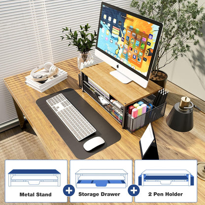Desk Organizers and Accessories, Computer Monitor Stand Riser with Drawer and 2 Pen Holders, Printer & Laptop Stand, Office Desk Accessories & Workspace Organizers for Home Office Supplies, Black