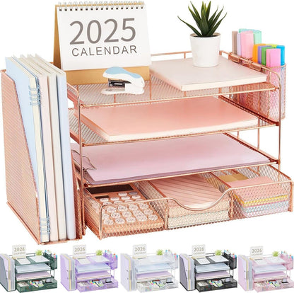 gianotter Desk Organizers and Accessories with File Holder, 4-Tier Desk Accessories & Workspace Organizers with Drawer and 2 Pen Holder, Paper Organizer for Office Supplies (Rose Gold)