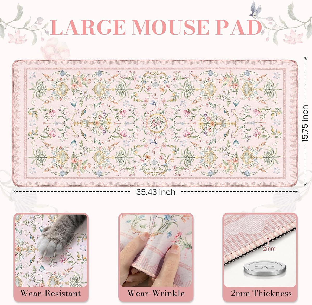 Desk Mat,Mouse Pad for Office Desk,35.4x15.7in,Pink Flowers