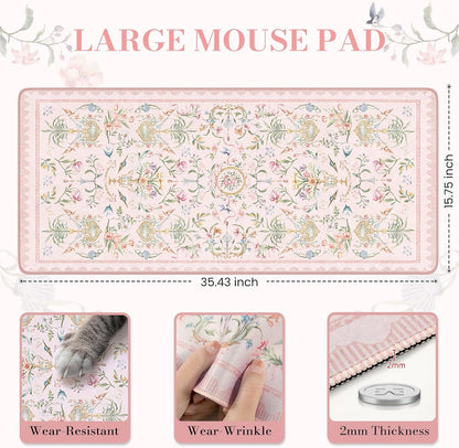 Desk Mat,Mouse Pad for Office Desk,35.4x15.7in,Pink Flowers