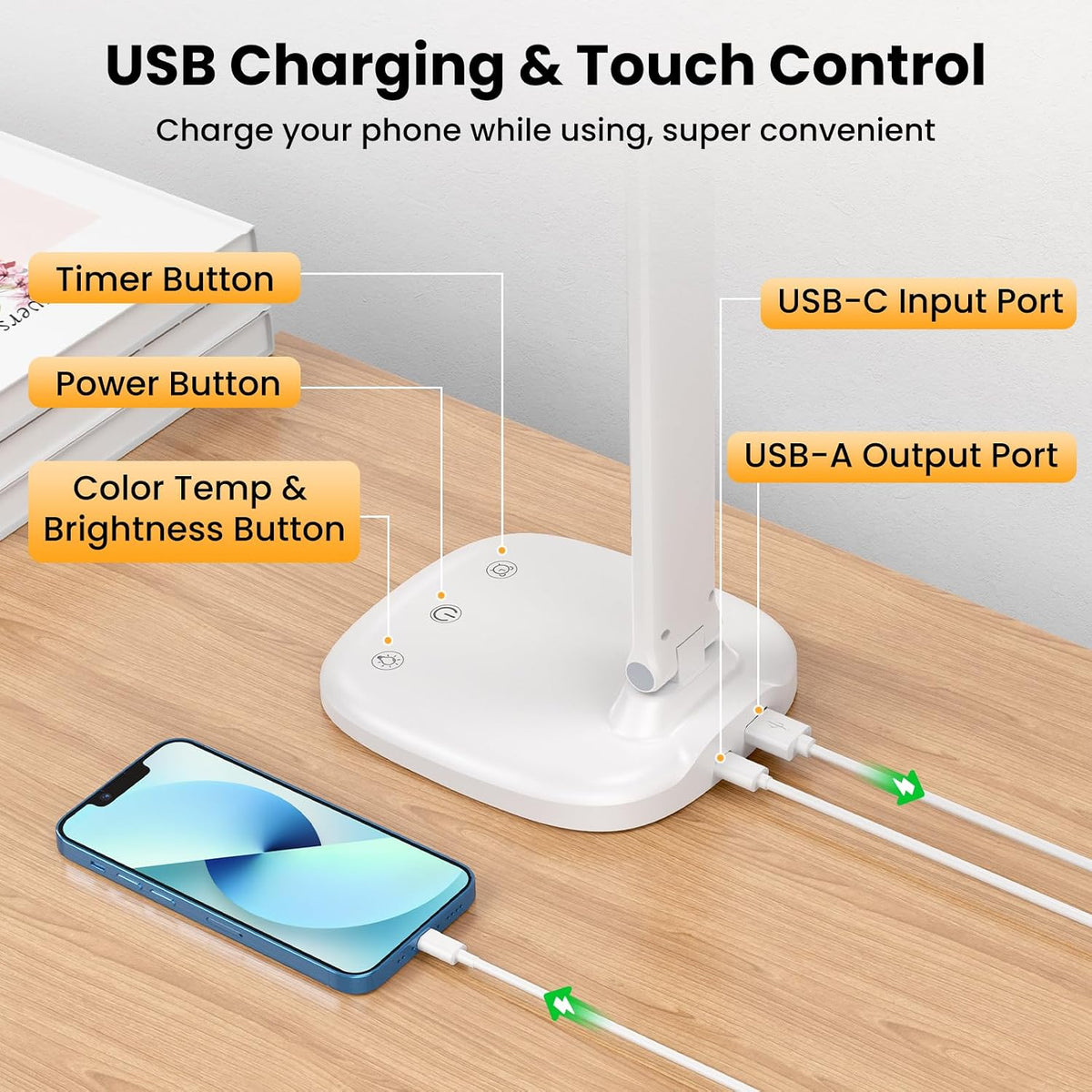 Desk Lamp with Charger, 10%-100% Stepless Dimmable & 5 Color Modes Study Lamp, Touch Control, 30-/60-minute Timer, USB Charging Output Port, CRI≥90, Eye-Caring Foldable LED Desk Lamps for Home Office