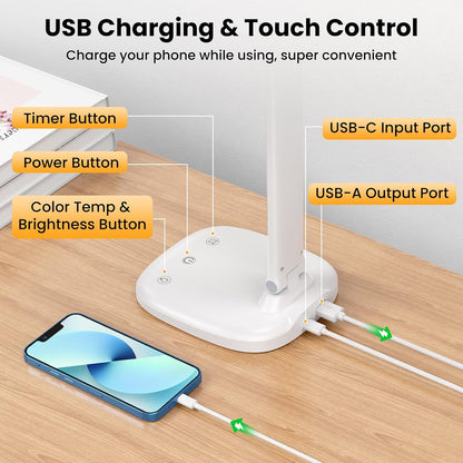 Desk Lamp with Charger, 10%-100% Stepless Dimmable & 5 Color Modes Study Lamp, Touch Control, 30-/60-minute Timer, USB Charging Output Port, CRI≥90, Eye-Caring Foldable LED Desk Lamps for Home Office