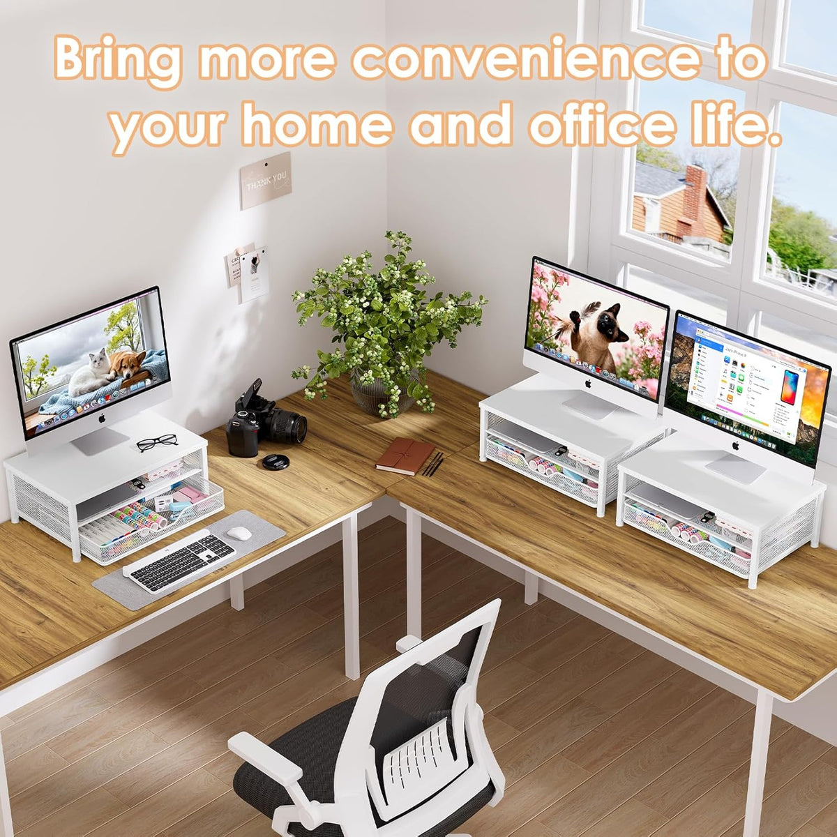 Desk Organizers and Accessories, Computer Monitor Stand Riser with Drawer and 2 Pen Holders, Printer & Laptop Stand, Office Desk Accessories & Workspace Organizers for Home Office Supplies, Black