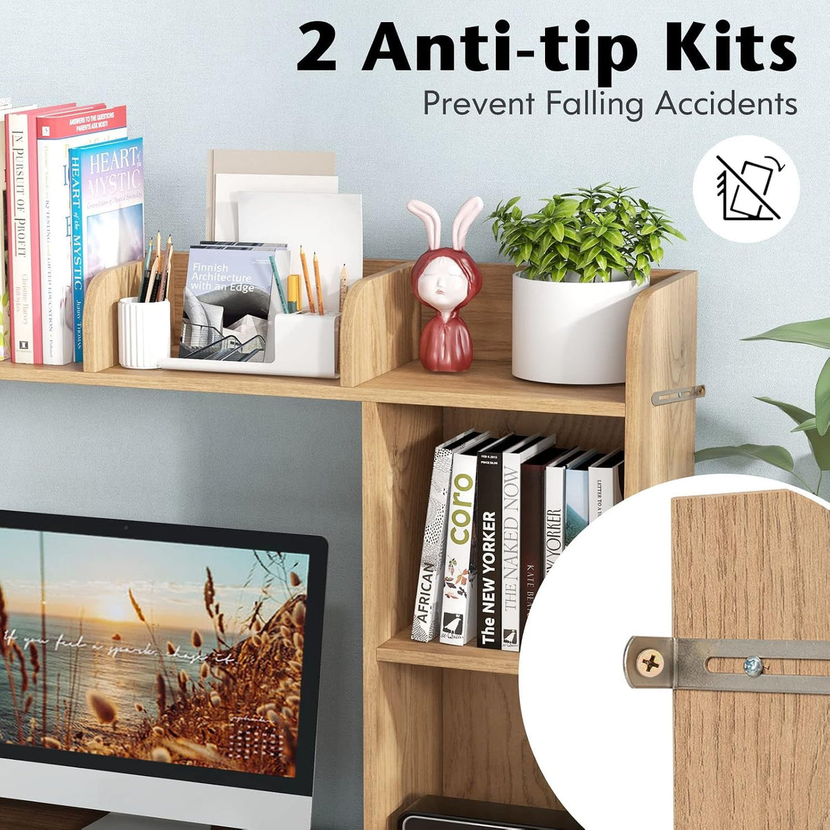 Desktop Bookshelf, Countertop Storage Hutch with 5 Shelves for Computer Desk, Desk 3-Tier Display Rack, Multipurpose Wood Desktop Hutch Storage Organizer for Dorm Office Home