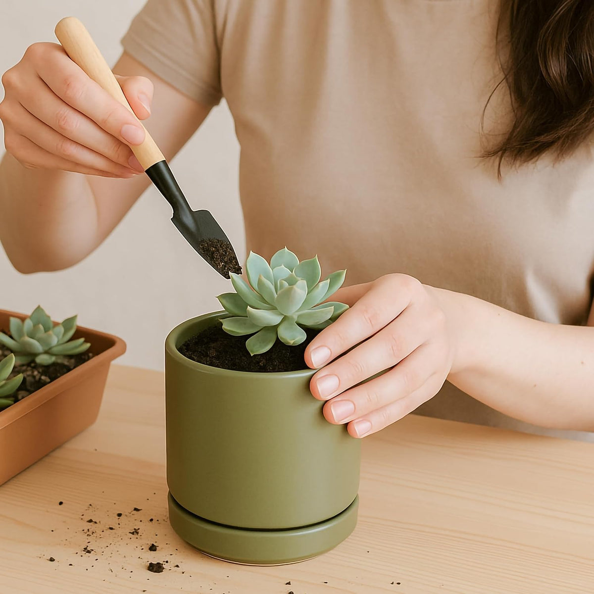 D'vine Dev 4.7 Inch Ceramic Planter Pot with Drainage Hole and Saucer, Indoor Cylinder Round Planter Pot, Teal, 94-O-B-9