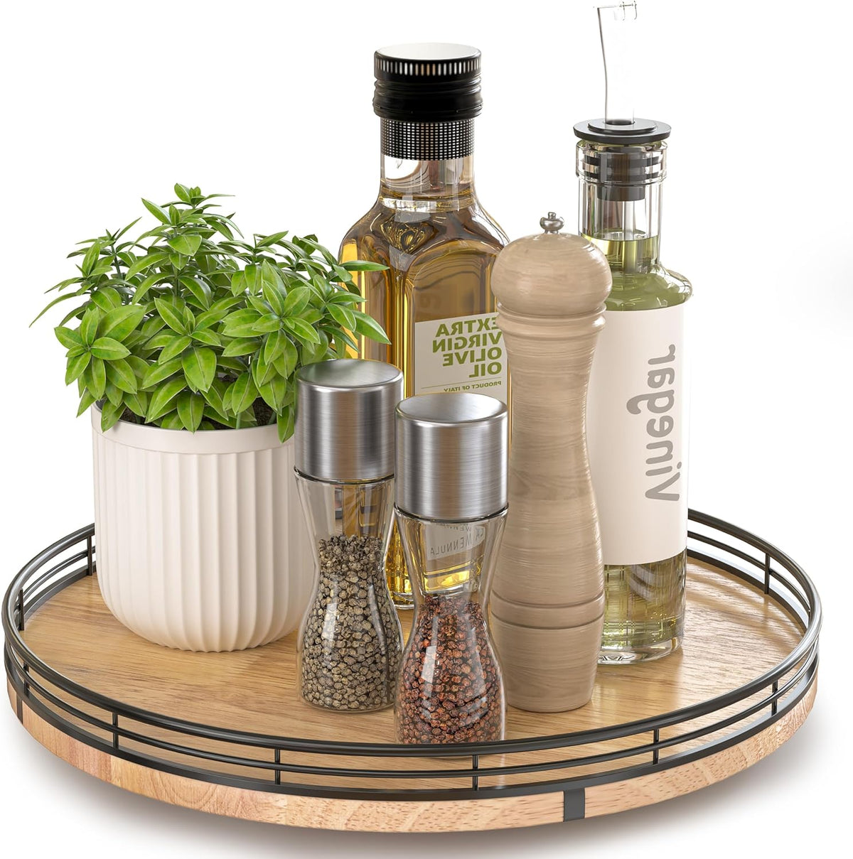 Farmhouse Oak 9" Lazy Susan Turntable Organizer for Cabinet, Round Wooden Lazy Susan Organization and Storage for Dining Table, Pantry, Kitchen, Countertop, Cupboard,Home Decor, Walnut Wood