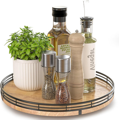 Farmhouse Oak 9" Lazy Susan Turntable Organizer for Cabinet, Round Wooden Lazy Susan Organization and Storage for Dining Table, Pantry, Kitchen, Countertop, Cupboard,Home Decor, Walnut Wood
